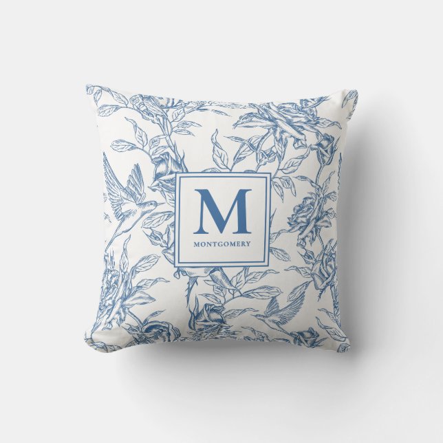 Blaue französische Toile-Monogramm-Name Kissen (Vorderseite)