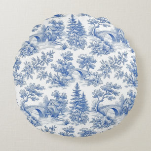 Blaue französische Toile-Waldlandschaft im Vintage Rundes Kissen