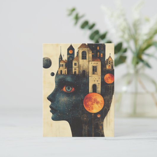 Blaue Frau mit Schloss auf ihrem Kopf Postkarte (Stehend Vorderseite)