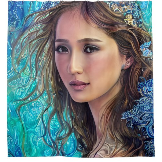 Blaue Frau und die Waves | Abstrakte Kunst Duschvorhang (Vorderseite)