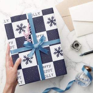 Blaue Frohe Lustige Glückliche Schneeflocken  Geschenkpapier