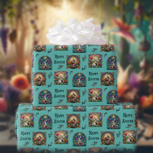 Blaue Fröhliche Ostern Hase Elegante Glasmalerei Geschenkpapier