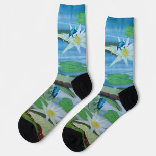Blaue Frösche auf Lotus-Blume, Crew Socken