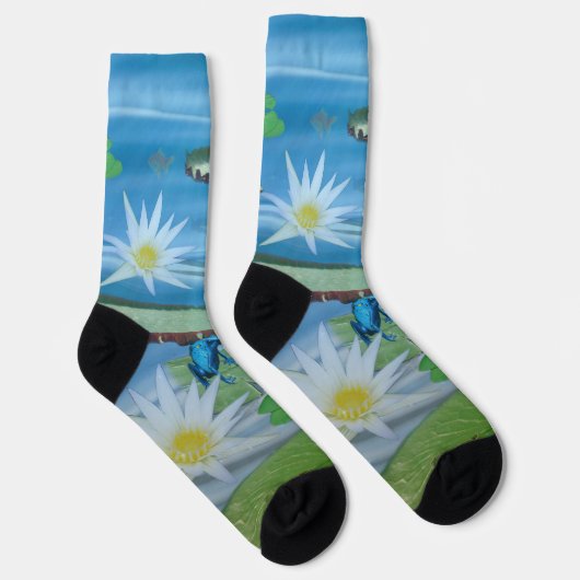 Blaue Frösche auf Lotus-Blume, Crew Socken (Rechts)