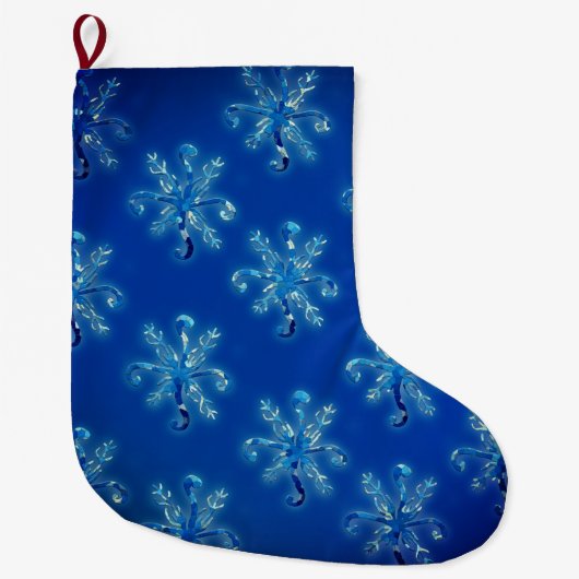 Blaue frostige Schneeflocken Großer Weihnachtsstrumpf (Vorderseite)