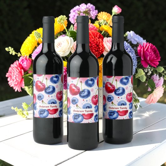 Blaue Früchte Berry Cherry Wasserfarben Muster Weinetikett