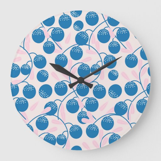 Blaue Früchte, rosa Blätter, nahtloses Design. Große Wanduhr (Vorderseite)