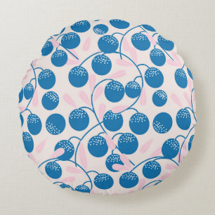 Blaue Früchte, rosa Blätter, nahtloses Design. Rundes Kissen