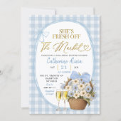 Blaue Frühlingsblumen-Gingham-Coquette-Brautparty Einladung (Vorderseite)