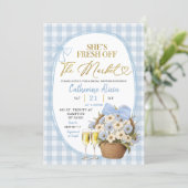 Blaue Frühlingsblumen-Gingham-Coquette-Brautparty Einladung (Stehend Vorderseite)