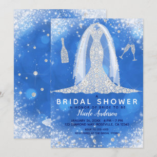Blaue funkelnde Diamant Hochzeitskleid Brautparty Einladung