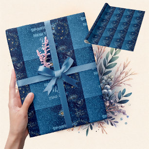 Blaue funkelnde Neujahrs-Glitzersterne Florale Par Geschenkpapier