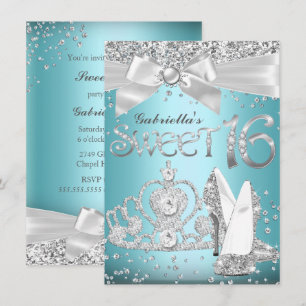 Blaue Funkelnde Tiara & Absätze Sweet 16 Einladung