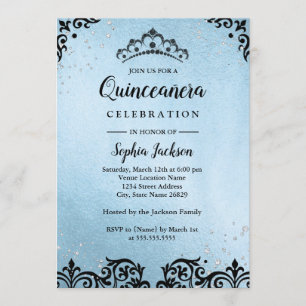 Blaue Funkelnde Tiara Damast Quinceanera Einladung