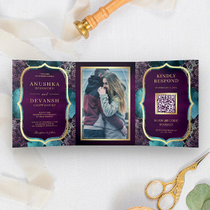 Blaue Galaxie Lila Mandala QR Code Indische Hochze Dreifach Gefaltete Einladung
