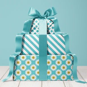 Blaue Gänseblümchen Blumen Streifen Punkte  Geschenkpapier Set