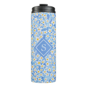 Blaue Gänseblümchen-Blumenmuster-Monogramm Thermosbecher