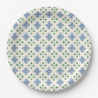 Blaue Gänseblümchen- und Blattgarten-Muster-Papier Pappteller