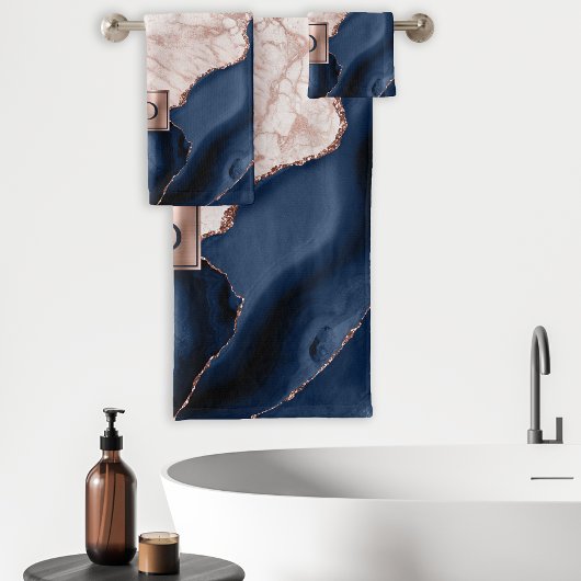 Blaue Gate-Rose Gold-Marmor-Monogramm Badhandtuch Set