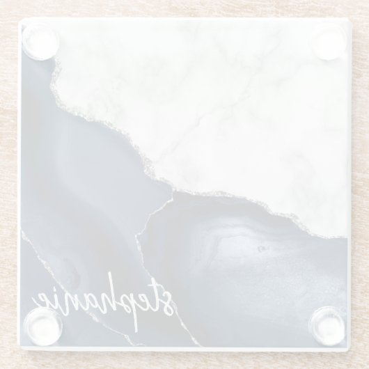 Blaue Gate Signatur Weißer Marmorsilber Glasuntersetzer (Rückseite)