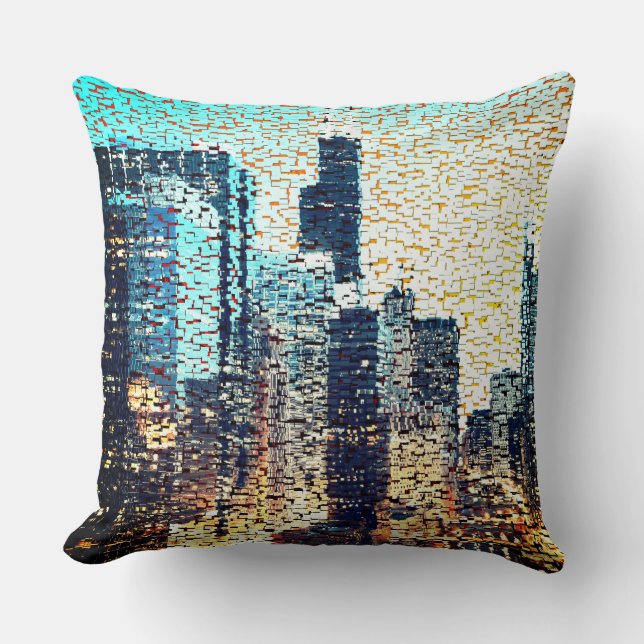 Blaue Gebäude im Mosaikstil mit Relief Kissen (Vorderseite)