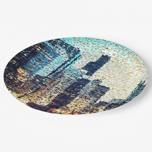 Blaue Gebäude im Mosaikstil mit Relief Pappteller (Schrägansicht)