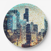 Blaue Gebäude im Mosaikstil mit Relief Pappteller (Vorderseite)