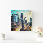 Blaue Gebäude im Mosaikstil mit Relief Quadratische Wanduhr (Zuhause)