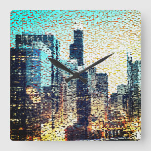 Blaue Gebäude im Mosaikstil mit Relief Quadratische Wanduhr