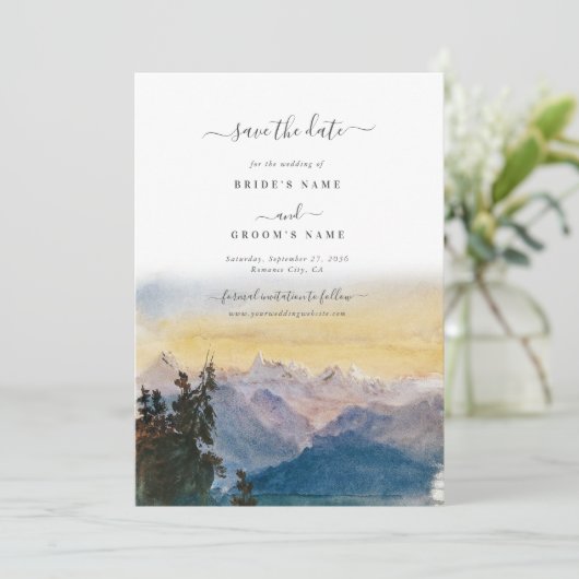 Blaue Gebirge Pine Wedding Save The Date (Stehend Vorderseite)