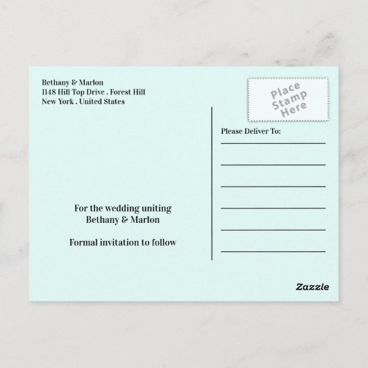 Blaue Gebirgskette, rustikale Hochzeit rettet das Postkarte (Rückseite)