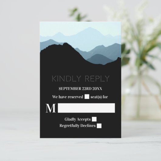 Blaue Gebirgskette, rustikale Hochzeit RSVP Karte (Stehend Vorderseite)