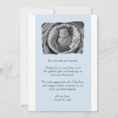 Blaue Geburtsankündigungskarte mit Foto Einladung (Rückseite)