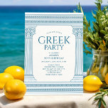 Blaue Geburtstagsparty Einladung mit griechischem<br><div class="desc">Elegantes griechisches oder römisches Toga-Party mit eleganten Tempelsäulen und griechischem Mäander-Muster in Blau. Individuelles Produkt für ein unvergessliches Fest. Ideal für Hochzeiten,  Verlobungen,  Graduiertenfeiern,  Jubiläen,  Termine,  Bachelorette und Geburtstagspartys. Bitte Karo der passenden Kollektion für KOORDINIERENDE GEGENSTÄNDE. Originale Kunstwerke von PUPSIKU STUDIO. 100% einzigartige Produkte.</div>