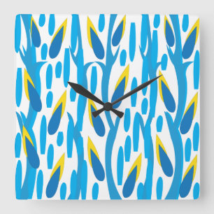 Blaue Gelbe Abstrakte Blätter Vintage Natur Quadratische Wanduhr