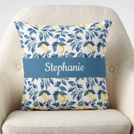 Blaue Gelbe Aquarell-Limonen-Monogramm-Name Kissen