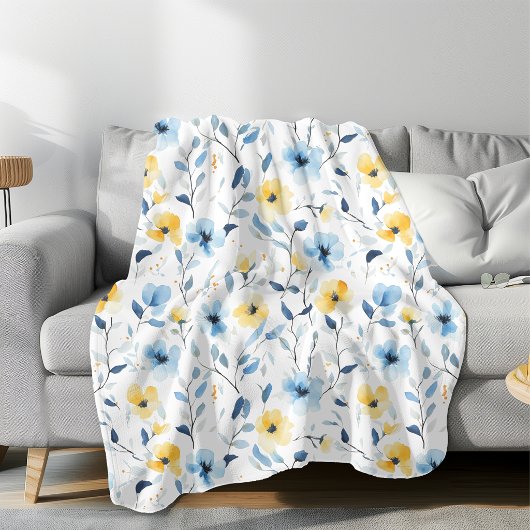 Blaue Gelbe Aquarell-Wildblume Fleecedecke