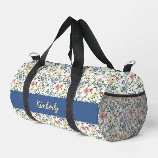 Blaue Gelbe Aquarell-Wildblumen-Monogramm-Name Duffle Bag (Rechte Ecke)