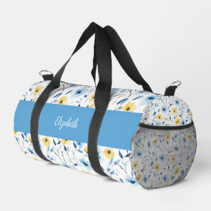 Blaue gelbe Aquarell-Wildblumen-Monogramm-Name Duffle Bag