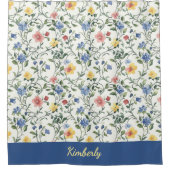 Blaue Gelbe Aquarell-Wildblumen-Monogramm-Name Duschvorhang (Vorderseite)