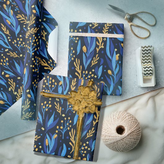 Blaue gelbe Blume Hanukkah Muster Geschenkpapier