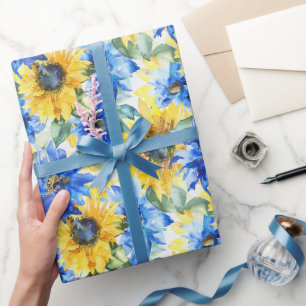 Blaue Gelbe Blumen Brautparty Geschenkpapier