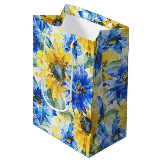 Blaue Gelbe Blumen Brautparty Mittlere Geschenktüte (Vorderseite Schrägansicht)