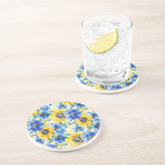 Blaue gelbe Blumen Getränkeuntersetzer (Seite)