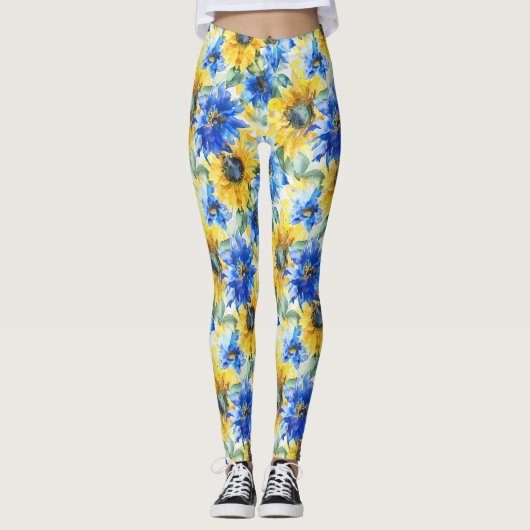 Blaue gelbe Blumen Leggings (Vorderseite)