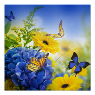 Blaue gelbe Blumen mit Schmetterlingen Poster