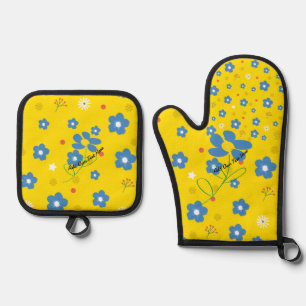 Blaue gelbe Blumen Ofenhandschuh & Topflappen-Set