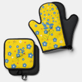 Blaue gelbe Blumen Ofenhandschuh & Topflappen-Set (Vorderseite/Rückseite)