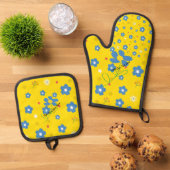Blaue gelbe Blumen Ofenhandschuh & Topflappen-Set (Oben Unten)
