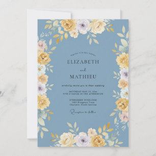 Blaue Gelbe Blumengewölbebraut Hochzeit Einladung